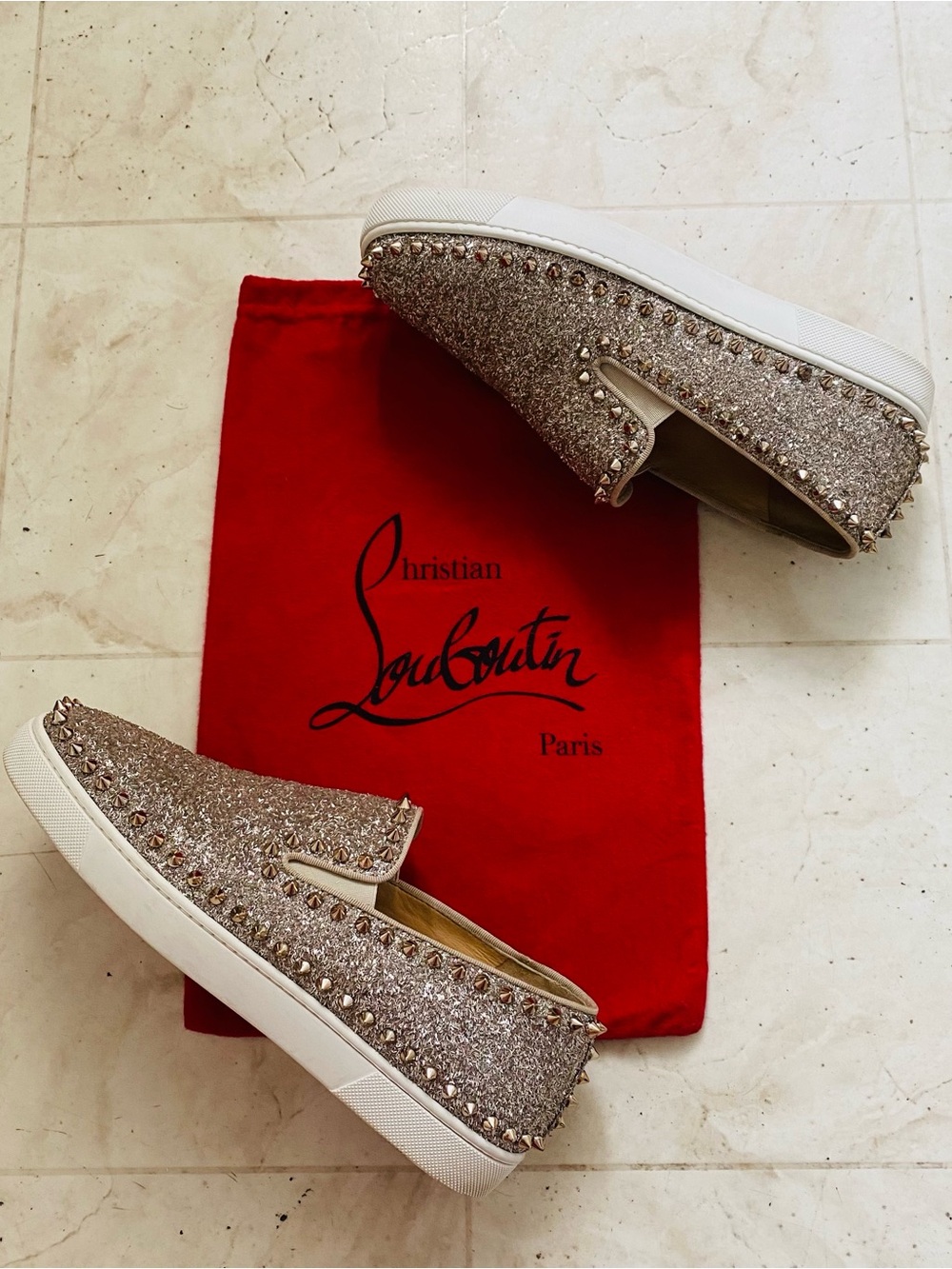 $995 Christian Louboutin Pik Boat Metallic Spike Studs Slip-on Sneakers Size 9